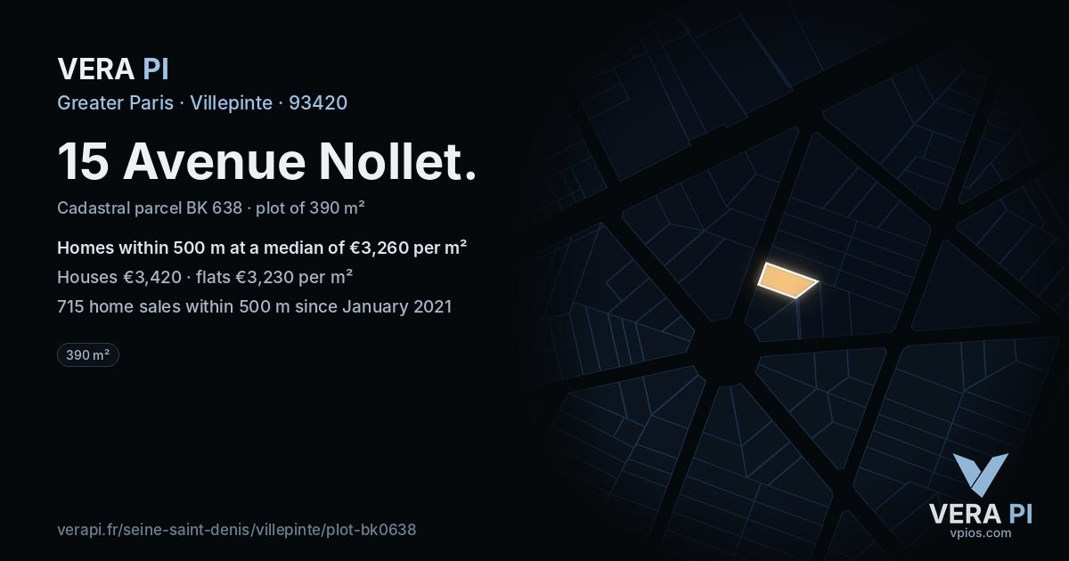 15 Avenue Nollet, Villepinte at night – the plot lit, the parcels around coloured by the prices near them