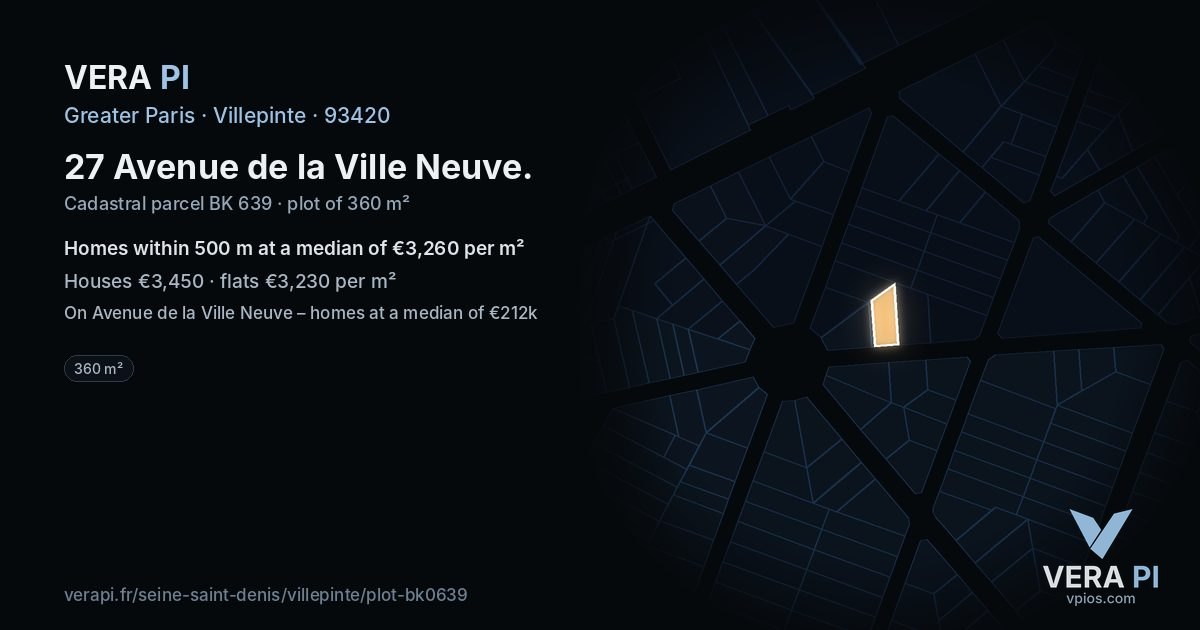 27 Avenue de la Ville Neuve, Villepinte at night – the plot lit, the parcels around coloured by the prices near them
