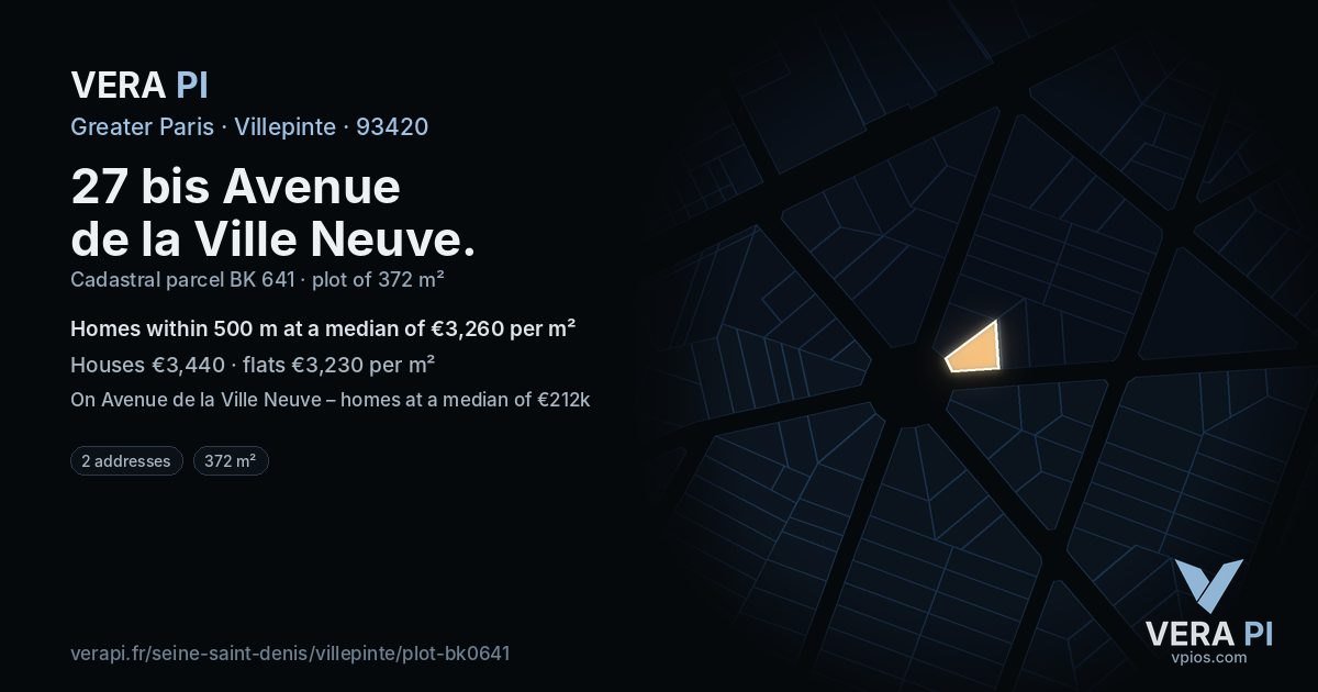 27 bis Avenue de la Ville Neuve, Villepinte at night – the plot lit, the parcels around coloured by the prices near them