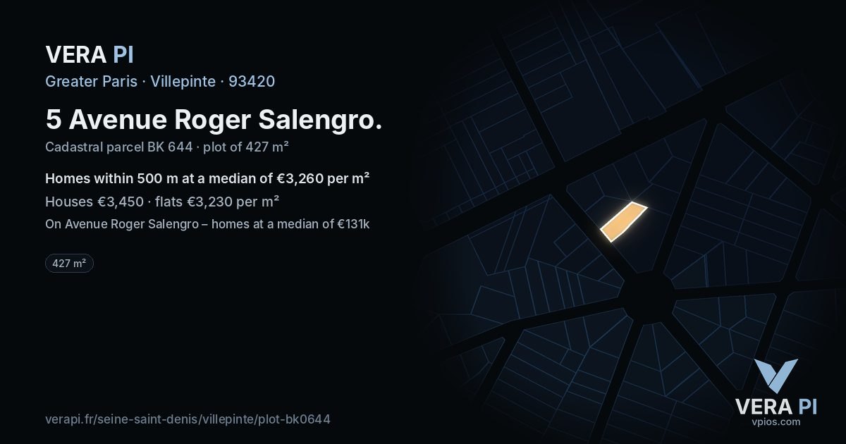 5 Avenue Roger Salengro, Villepinte at night – the plot lit, the parcels around coloured by the prices near them