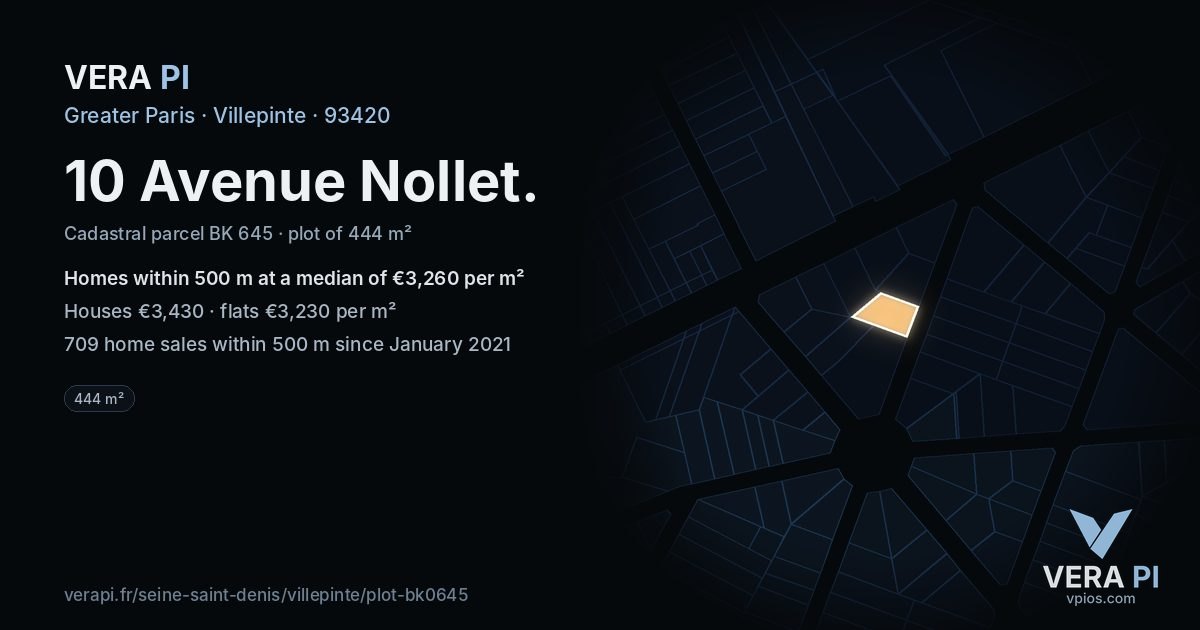 10 Avenue Nollet, Villepinte at night – the plot lit, the parcels around coloured by the prices near them