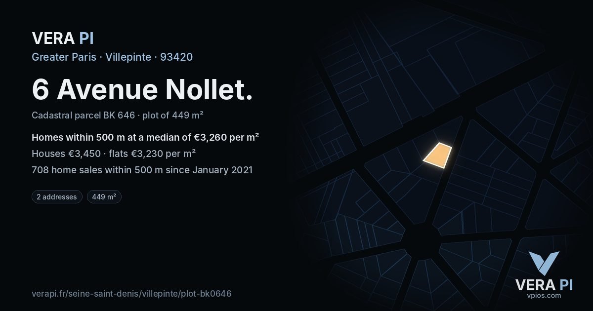6 Avenue Nollet, Villepinte at night – the plot lit, the parcels around coloured by the prices near them