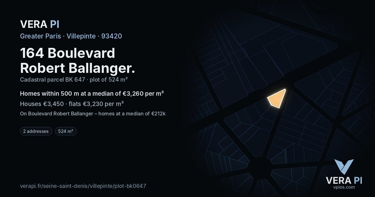 164 Boulevard Robert Ballanger, Villepinte at night – the plot lit, the parcels around coloured by the prices near them