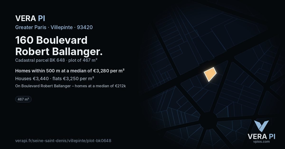 160 Boulevard Robert Ballanger, Villepinte at night – the plot lit, the parcels around coloured by the prices near them
