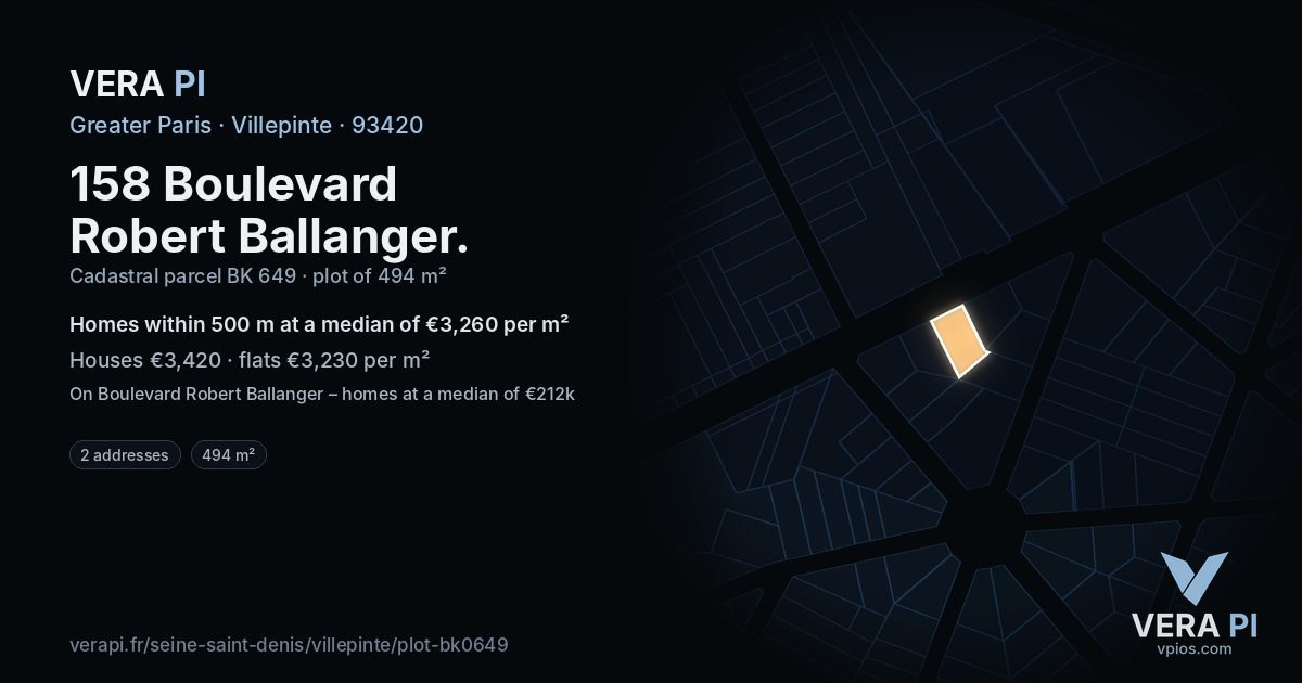 158 Boulevard Robert Ballanger, Villepinte at night – the plot lit, the parcels around coloured by the prices near them