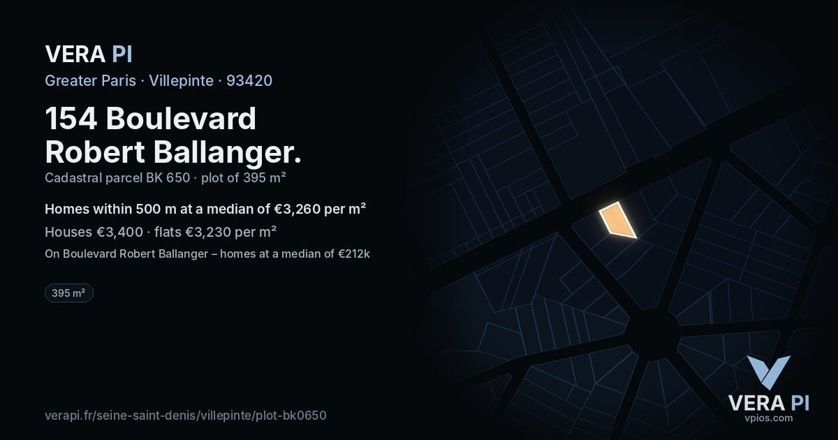 154 Boulevard Robert Ballanger, Villepinte at night – the plot lit, the parcels around coloured by the prices near them