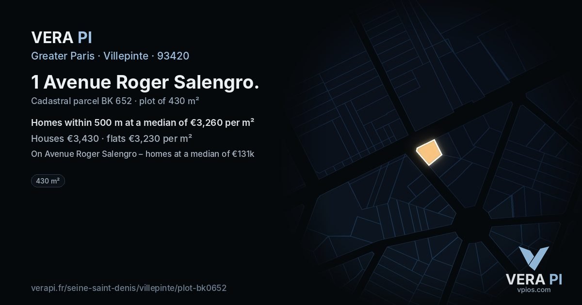 1 Avenue Roger Salengro, Villepinte at night – the plot lit, the parcels around coloured by the prices near them