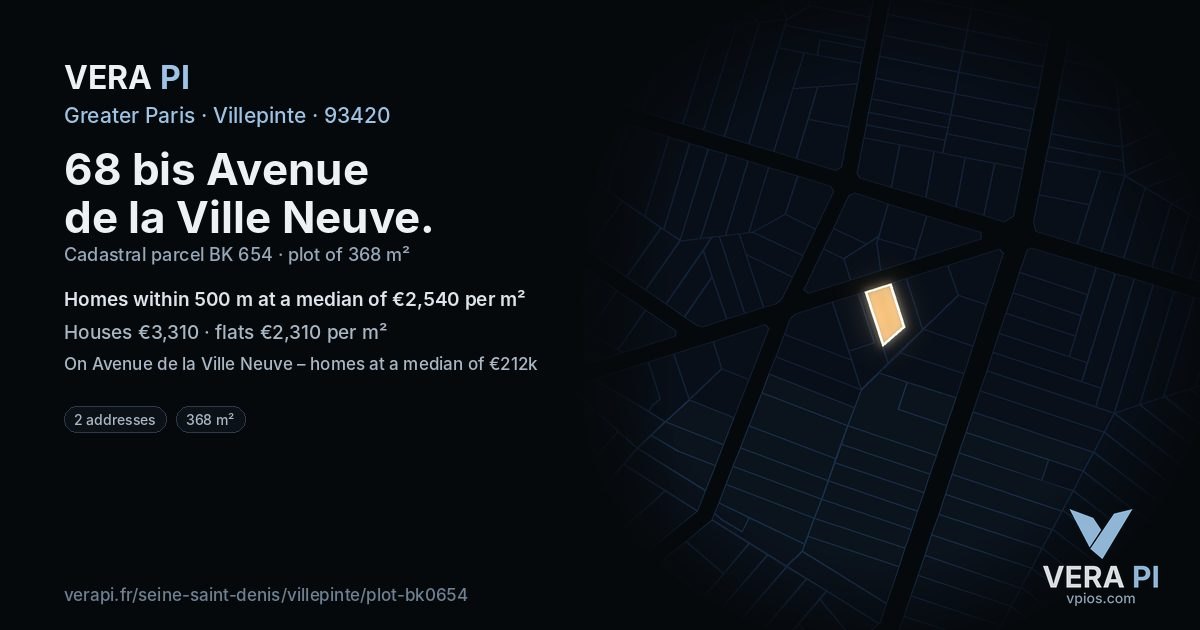 68 bis Avenue de la Ville Neuve, Villepinte at night – the plot lit, the parcels around coloured by the prices near them