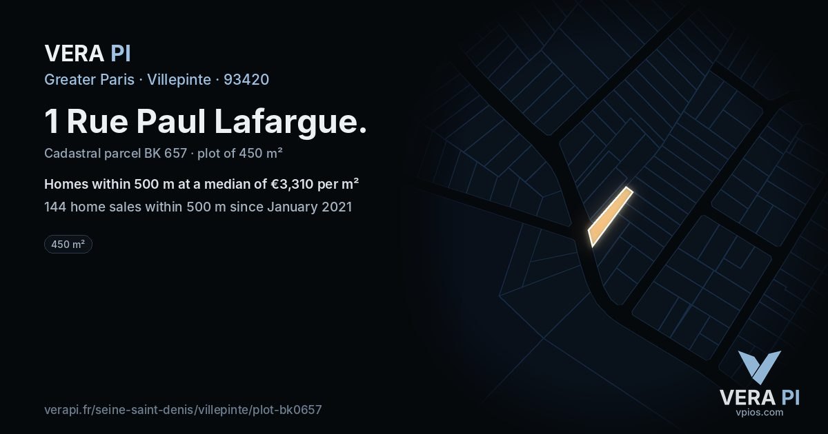 1 Rue Paul Lafargue, Villepinte at night – the plot lit, the parcels around coloured by the prices near them