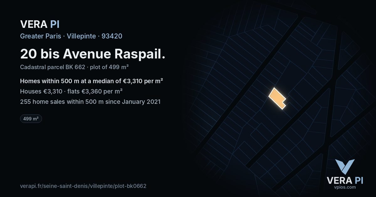 20 bis Avenue Raspail, Villepinte at night – the plot lit, the parcels around coloured by the prices near them