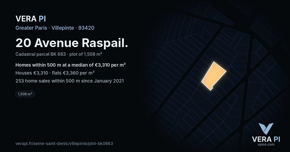 20 Avenue Raspail, Villepinte at night – the plot lit, the parcels around coloured by the prices near them
