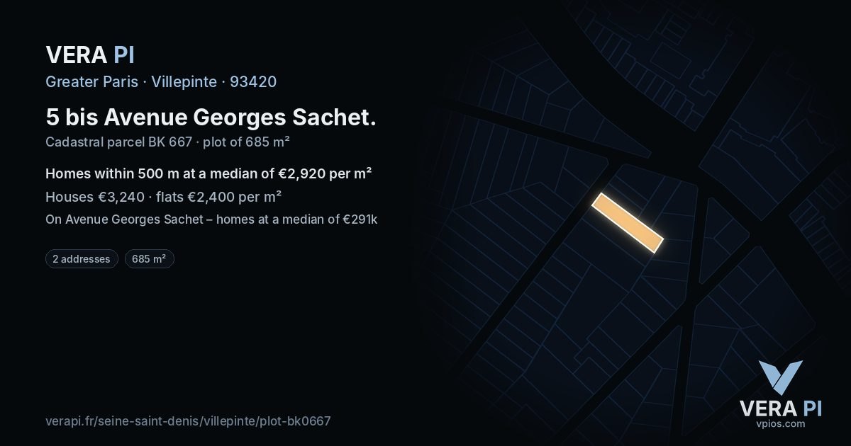5 bis Avenue Georges Sachet, Villepinte at night – the plot lit, the parcels around coloured by the prices near them