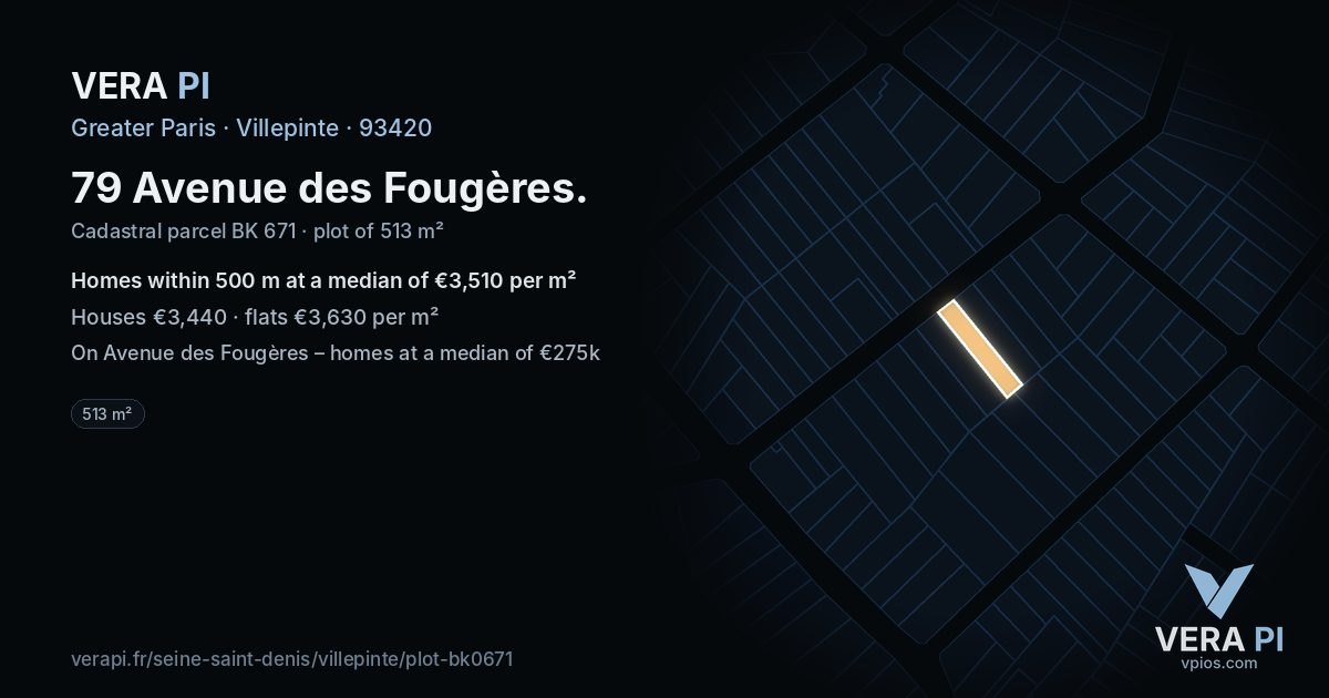 79 Avenue des Fougères, Villepinte at night – the plot lit, the parcels around coloured by the prices near them