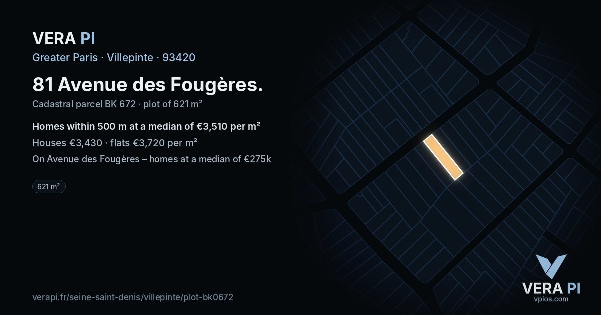 81 Avenue des Fougères, Villepinte at night – the plot lit, the parcels around coloured by the prices near them
