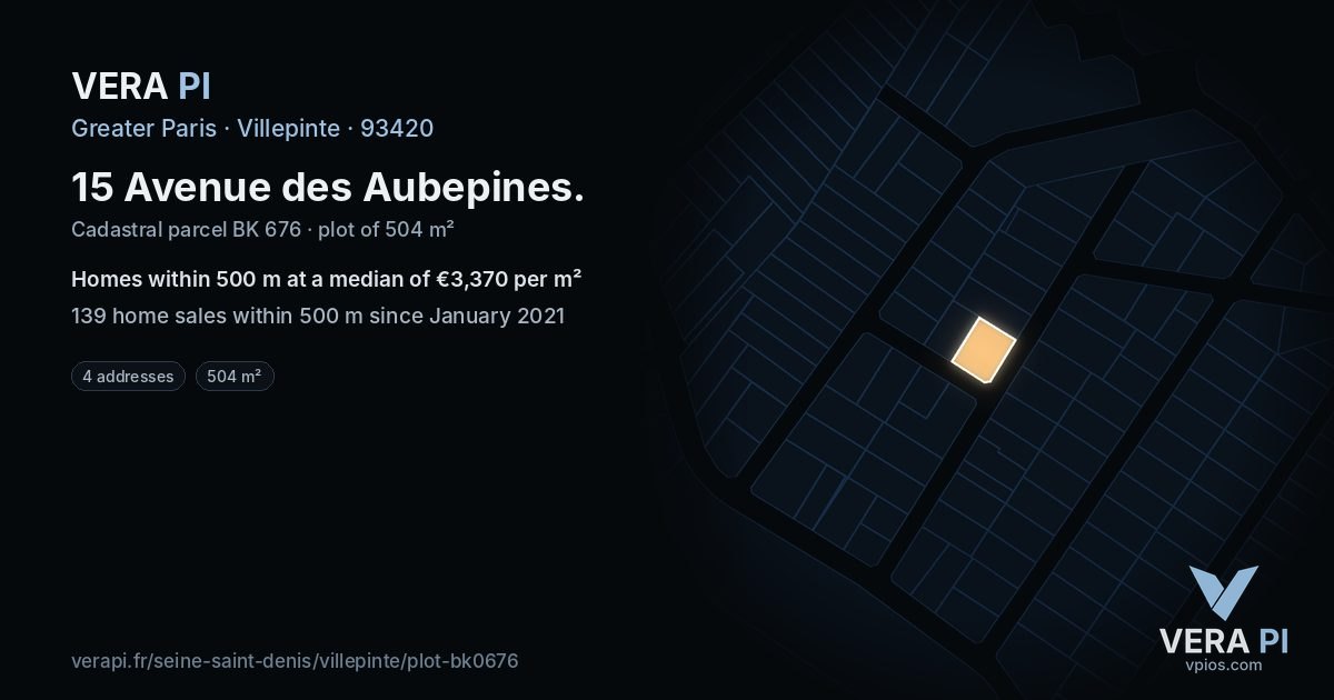15 Avenue des Aubepines, Villepinte at night – the plot lit, the parcels around coloured by the prices near them
