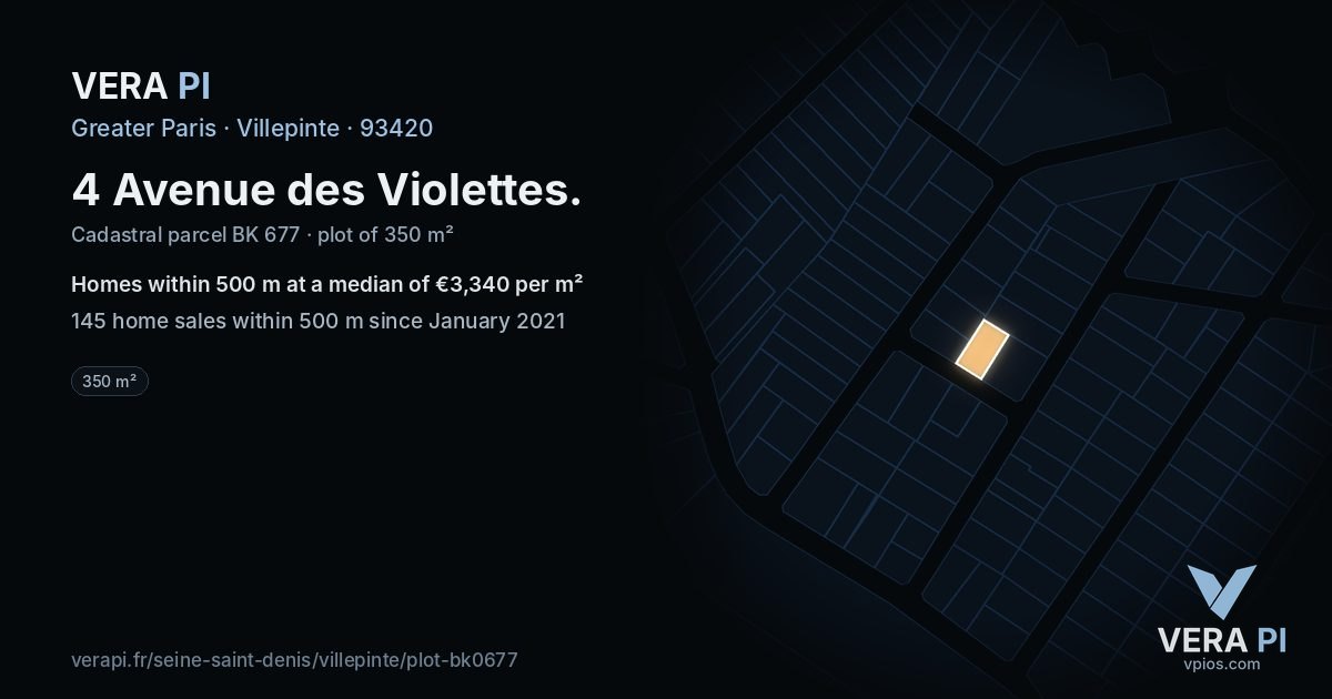 4 Avenue des Violettes, Villepinte at night – the plot lit, the parcels around coloured by the prices near them