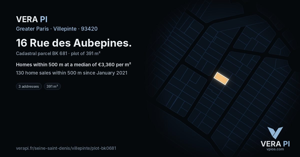 16 Rue des Aubepines, Villepinte at night – the plot lit, the parcels around coloured by the prices near them