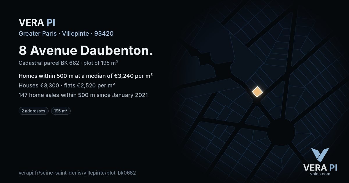 8 Avenue Daubenton, Villepinte at night – the plot lit, the parcels around coloured by the prices near them