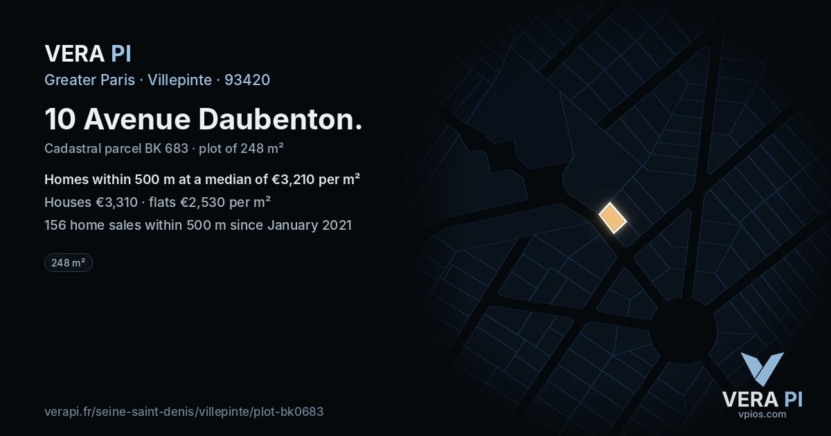 10 Avenue Daubenton, Villepinte at night – the plot lit, the parcels around coloured by the prices near them