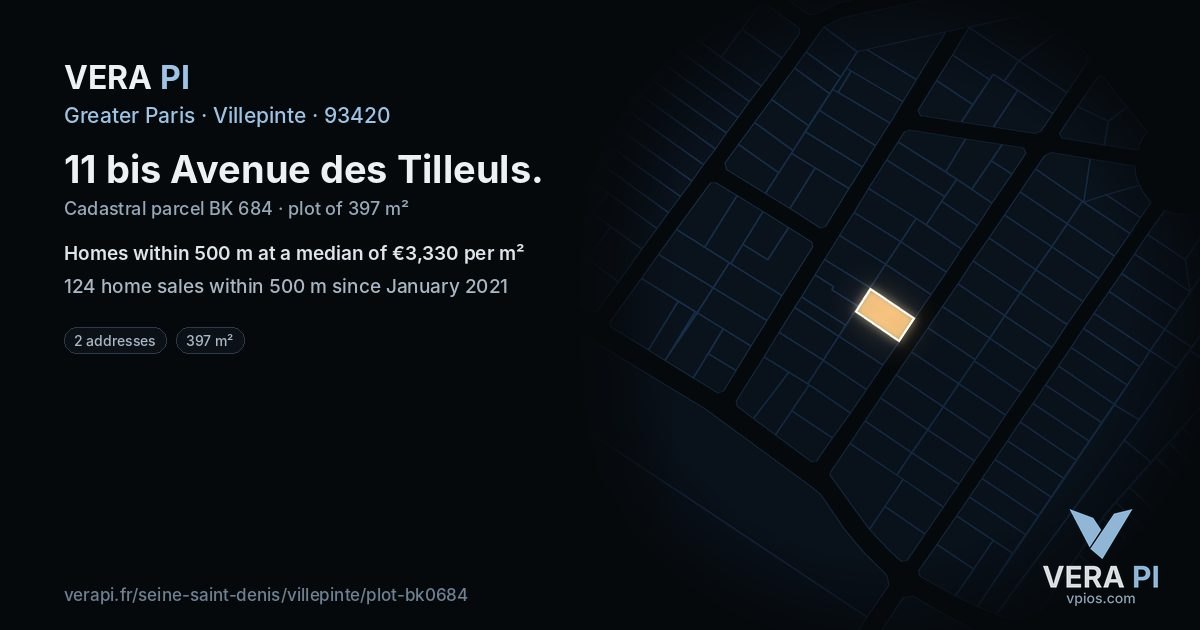 11 bis Avenue des Tilleuls, Villepinte at night – the plot lit, the parcels around coloured by the prices near them