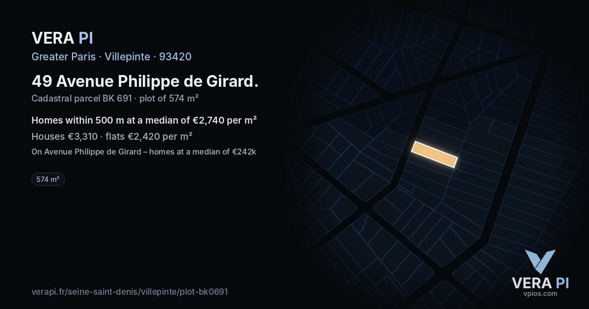 49 Avenue Philippe de Girard, Villepinte at night – the plot lit, the parcels around coloured by the prices near them