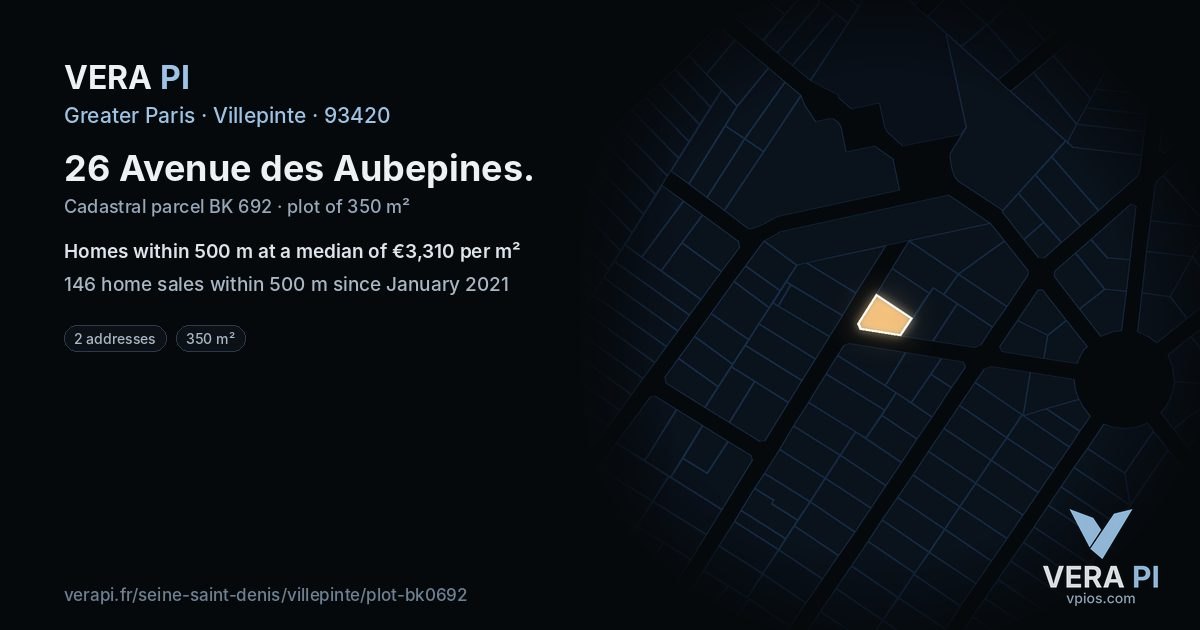 26 Avenue des Aubepines, Villepinte at night – the plot lit, the parcels around coloured by the prices near them