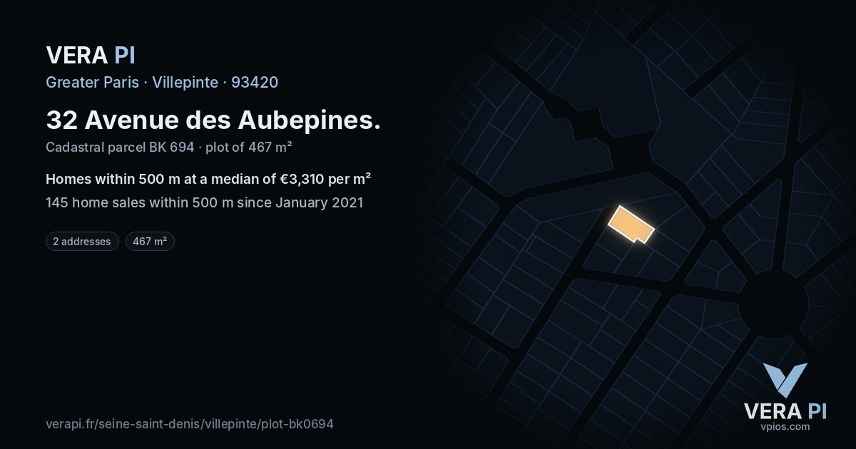 32 Avenue des Aubepines, Villepinte at night – the plot lit, the parcels around coloured by the prices near them