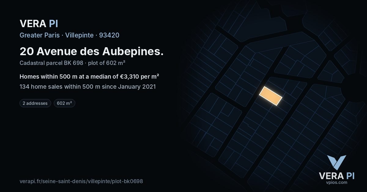 20 Avenue des Aubepines, Villepinte at night – the plot lit, the parcels around coloured by the prices near them