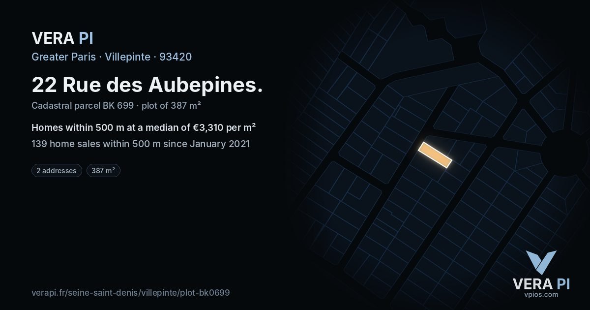 22 Rue des Aubepines, Villepinte at night – the plot lit, the parcels around coloured by the prices near them