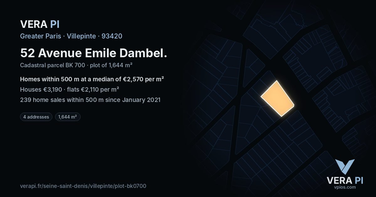 52 Avenue Emile Dambel, Villepinte at night – the plot lit, the parcels around coloured by the prices near them