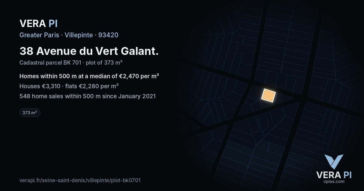 38 Avenue du Vert Galant, Villepinte at night – the plot lit, the parcels around coloured by the prices near them