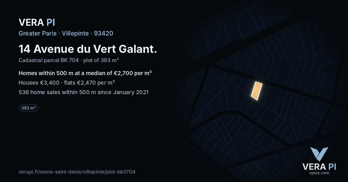 14 Avenue du Vert Galant, Villepinte at night – the plot lit, the parcels around coloured by the prices near them