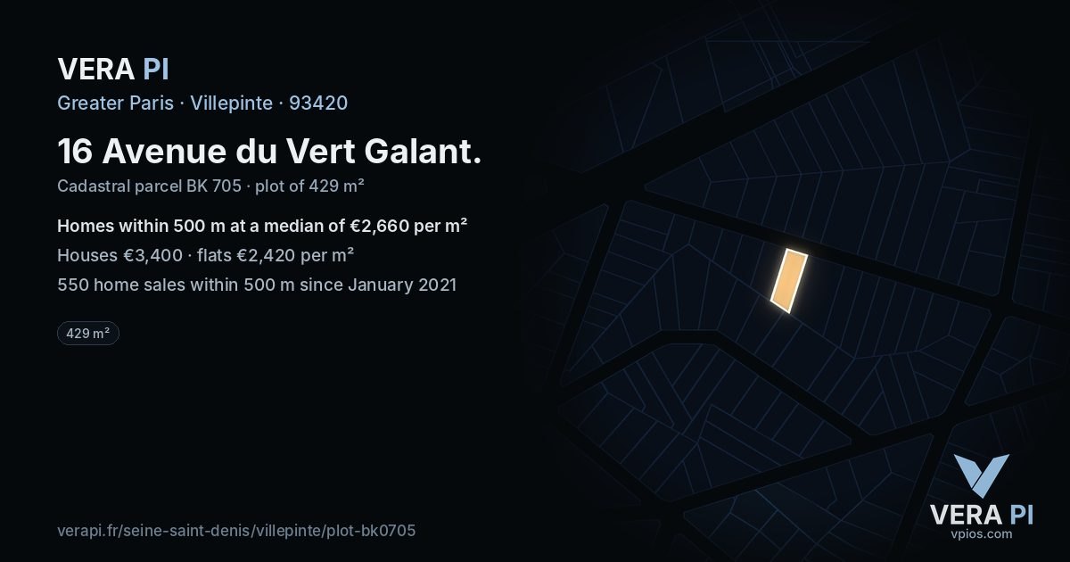 16 Avenue du Vert Galant, Villepinte at night – the plot lit, the parcels around coloured by the prices near them