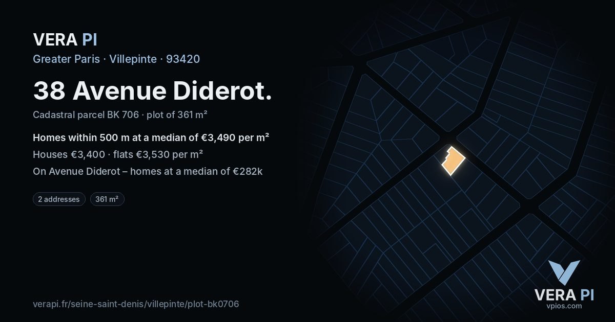 38 Avenue Diderot, Villepinte at night – the plot lit, the parcels around coloured by the prices near them