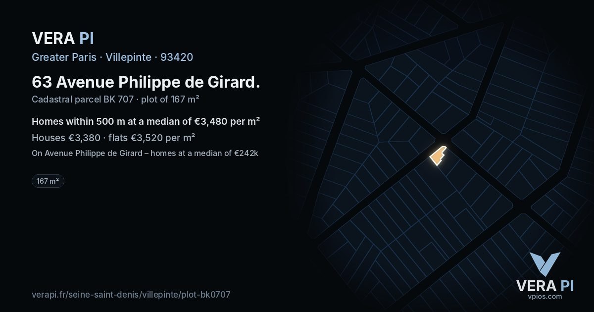 63 Avenue Philippe de Girard, Villepinte at night – the plot lit, the parcels around coloured by the prices near them