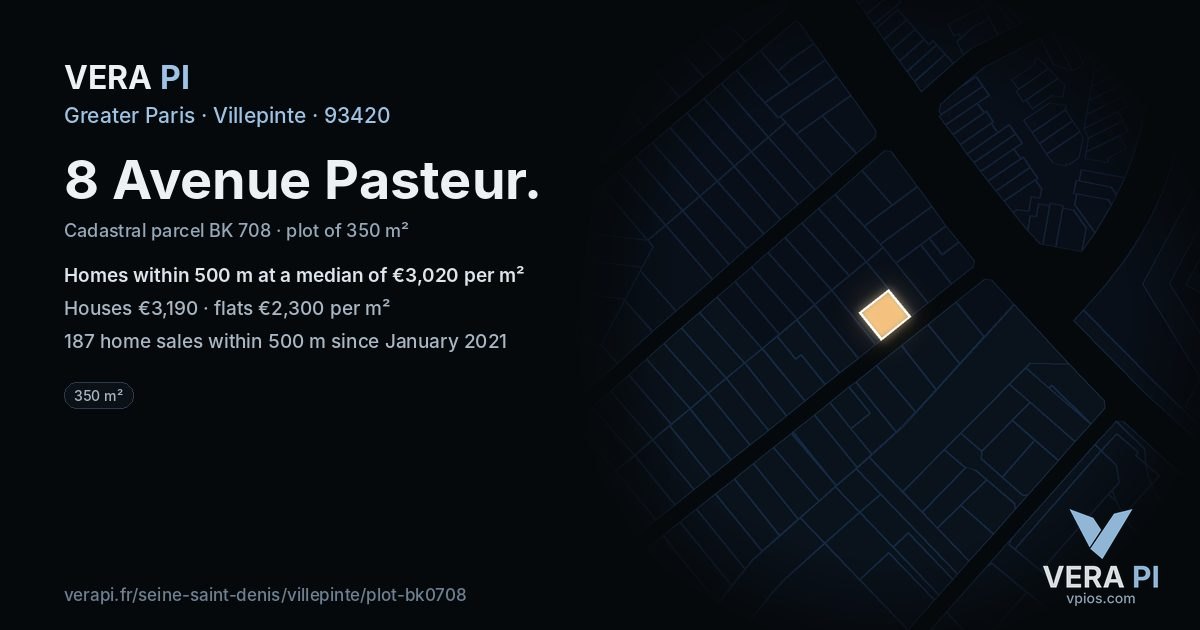 8 Avenue Pasteur, Villepinte at night – the plot lit, the parcels around coloured by the prices near them