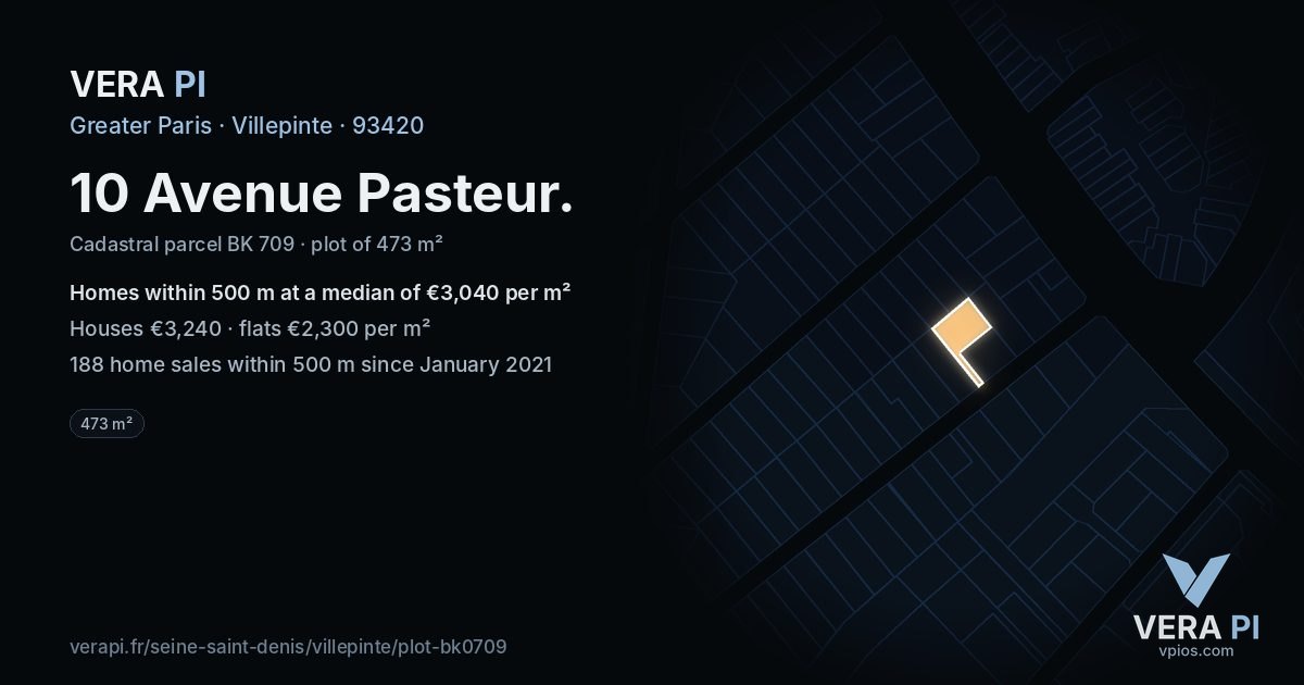 10 Avenue Pasteur, Villepinte at night – the plot lit, the parcels around coloured by the prices near them