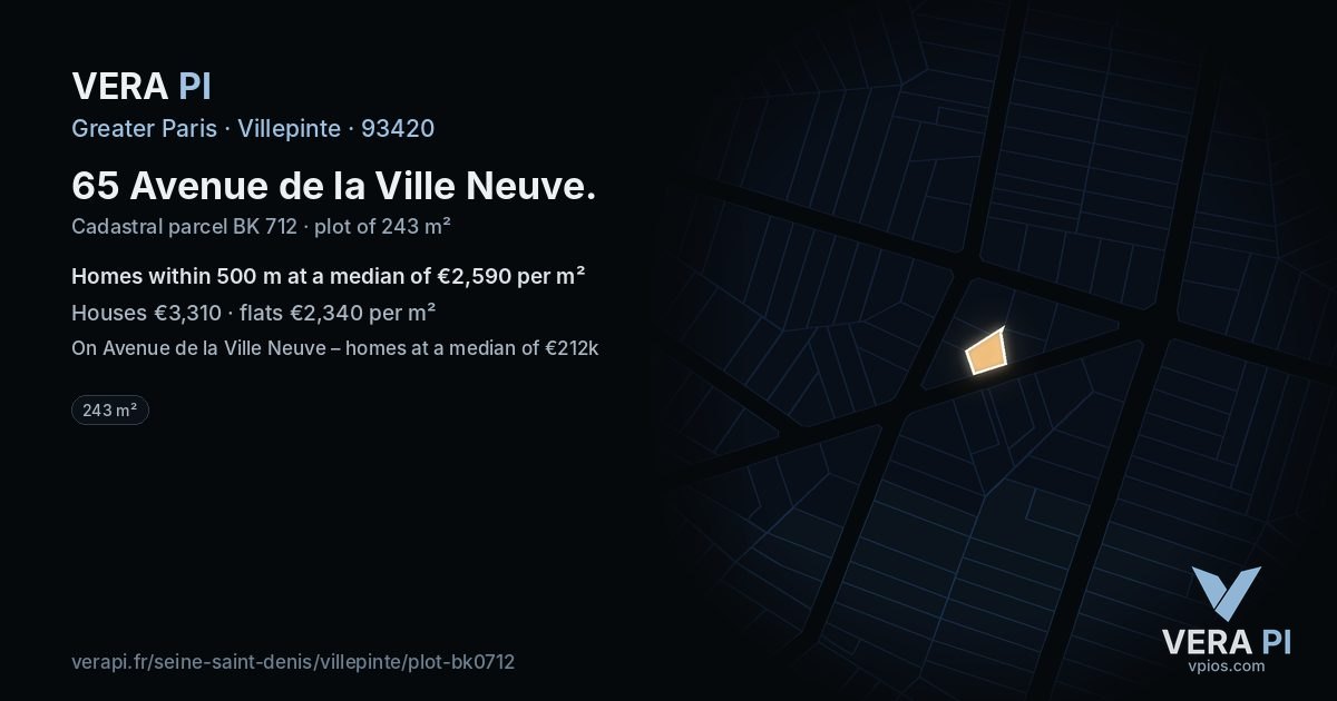 65 Avenue de la Ville Neuve, Villepinte at night – the plot lit, the parcels around coloured by the prices near them
