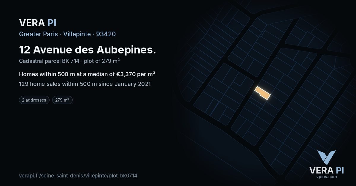 12 Avenue des Aubepines, Villepinte at night – the plot lit, the parcels around coloured by the prices near them