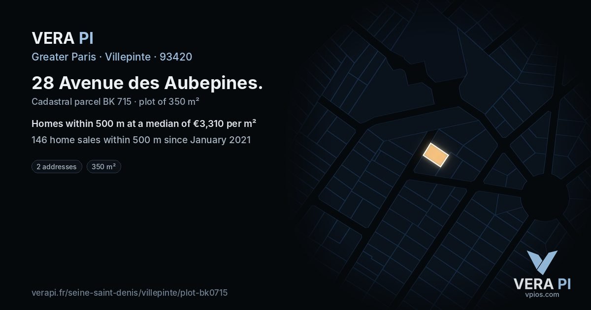 28 Avenue des Aubepines, Villepinte at night – the plot lit, the parcels around coloured by the prices near them