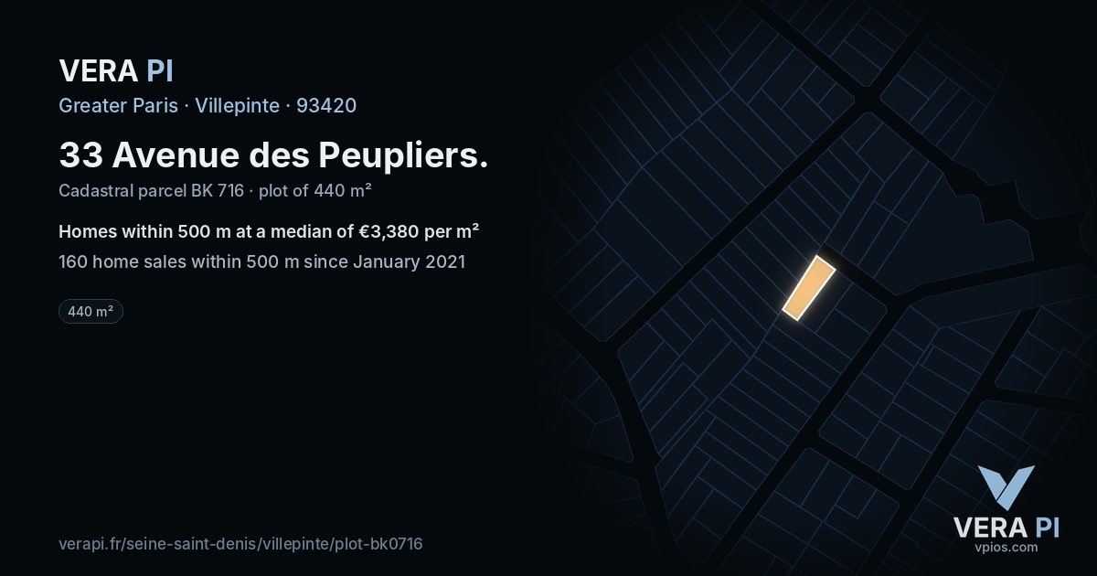 33 Avenue des Peupliers, Villepinte at night – the plot lit, the parcels around coloured by the prices near them