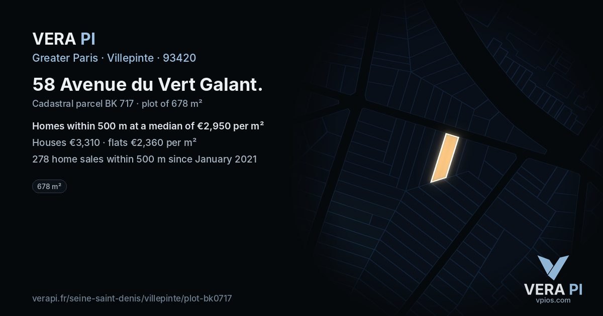 58 Avenue du Vert Galant, Villepinte at night – the plot lit, the parcels around coloured by the prices near them