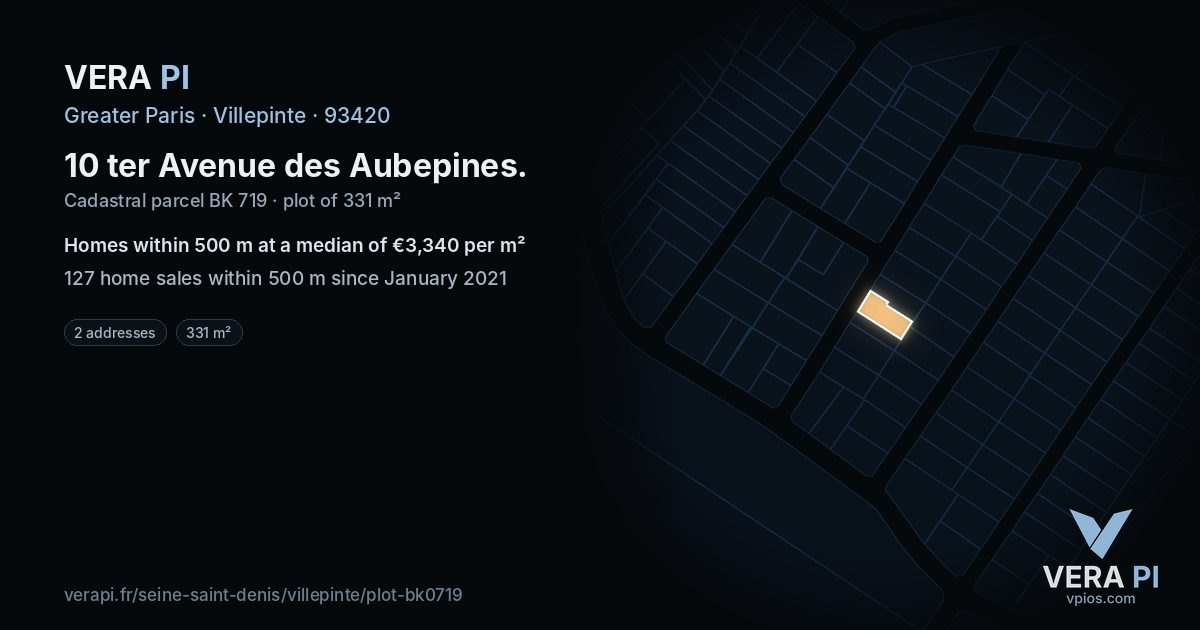 10 ter Avenue des Aubepines, Villepinte at night – the plot lit, the parcels around coloured by the prices near them