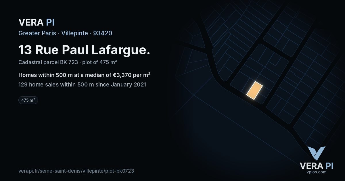 13 Rue Paul Lafargue, Villepinte at night – the plot lit, the parcels around coloured by the prices near them