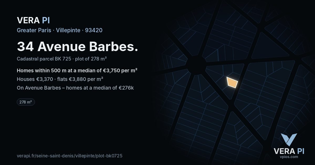 34 Avenue Barbes, Villepinte at night – the plot lit, the parcels around coloured by the prices near them