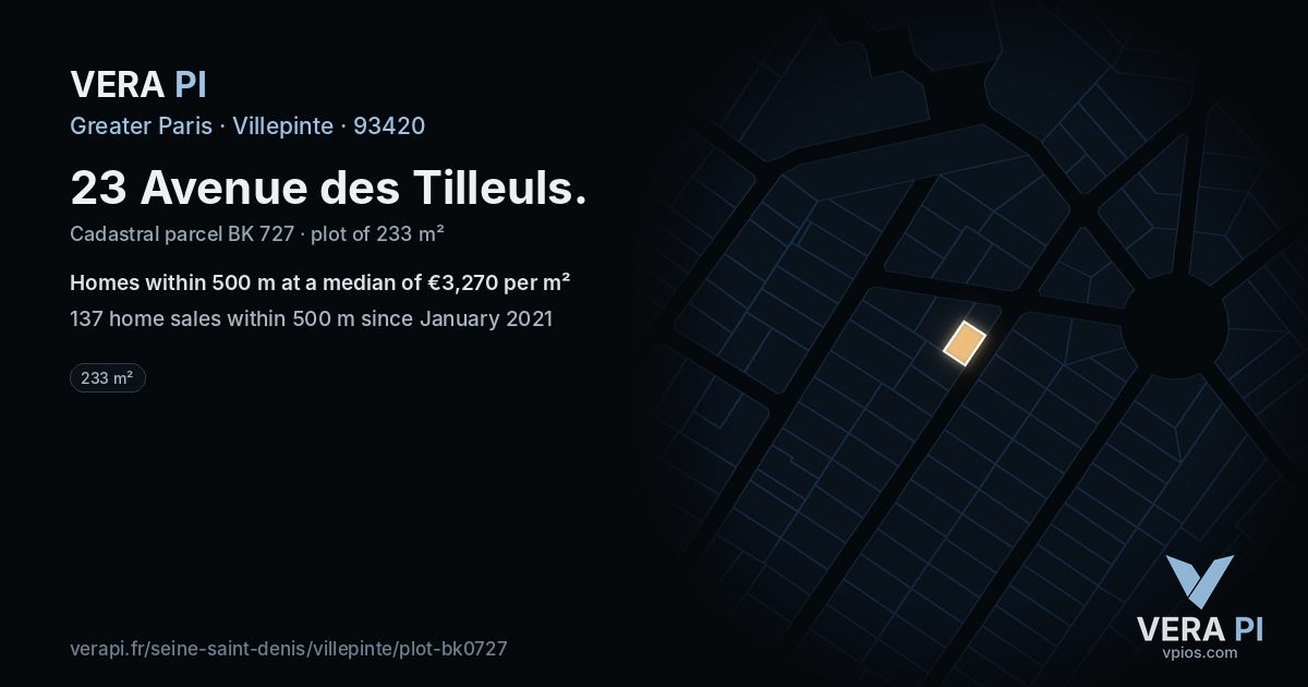 23 Avenue des Tilleuls, Villepinte at night – the plot lit, the parcels around coloured by the prices near them