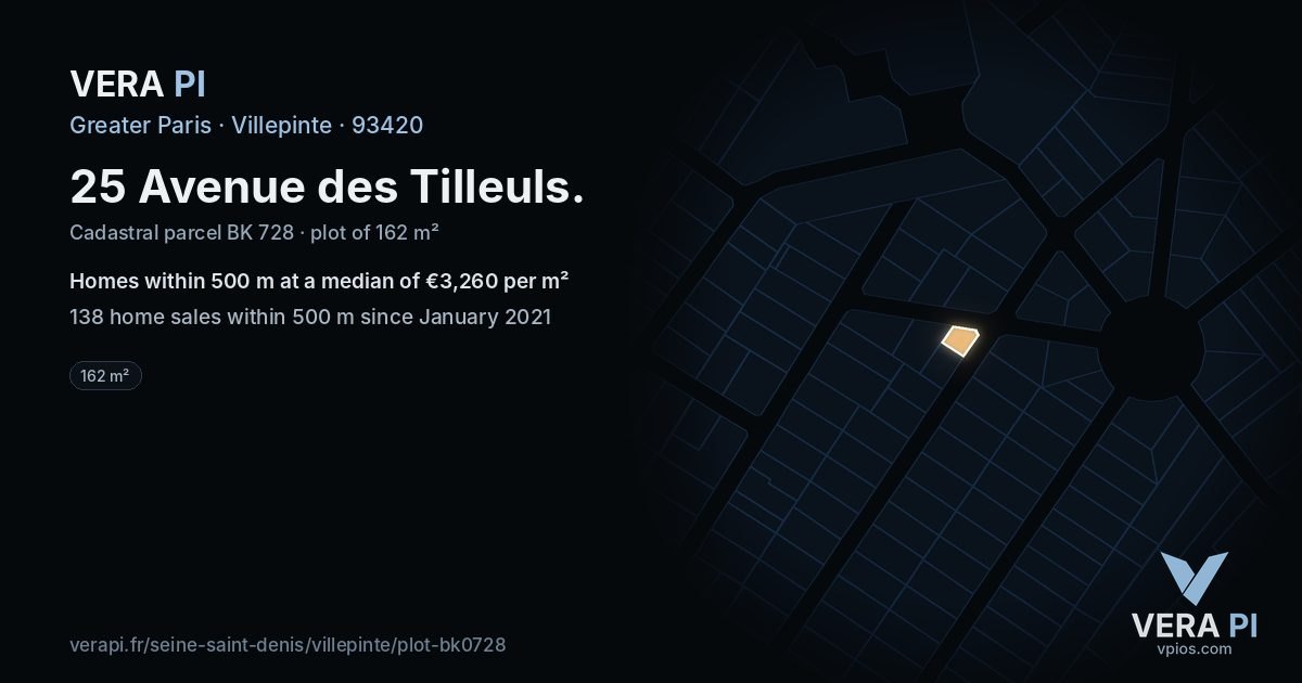 25 Avenue des Tilleuls, Villepinte at night – the plot lit, the parcels around coloured by the prices near them