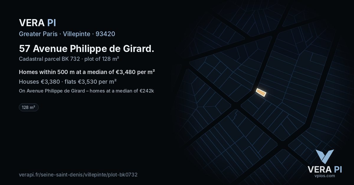 57 Avenue Philippe de Girard, Villepinte at night – the plot lit, the parcels around coloured by the prices near them