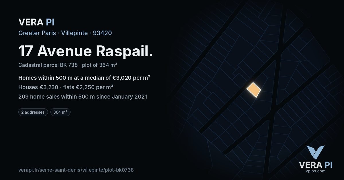 17 Avenue Raspail, Villepinte at night – the plot lit, the parcels around coloured by the prices near them