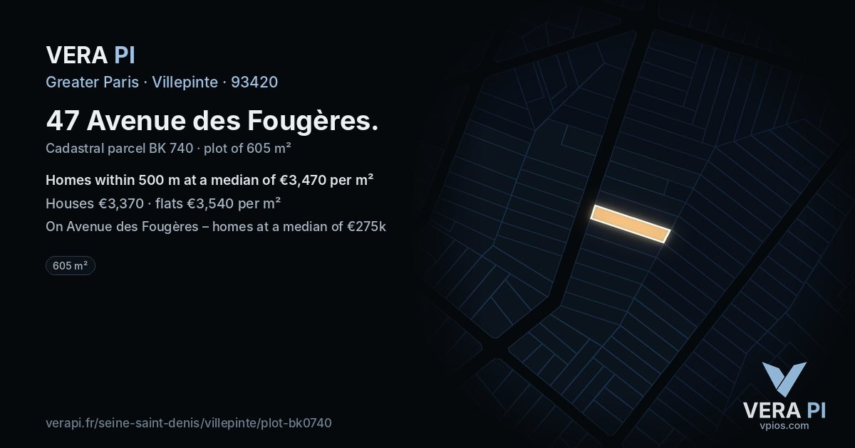 47 Avenue des Fougères, Villepinte at night – the plot lit, the parcels around coloured by the prices near them